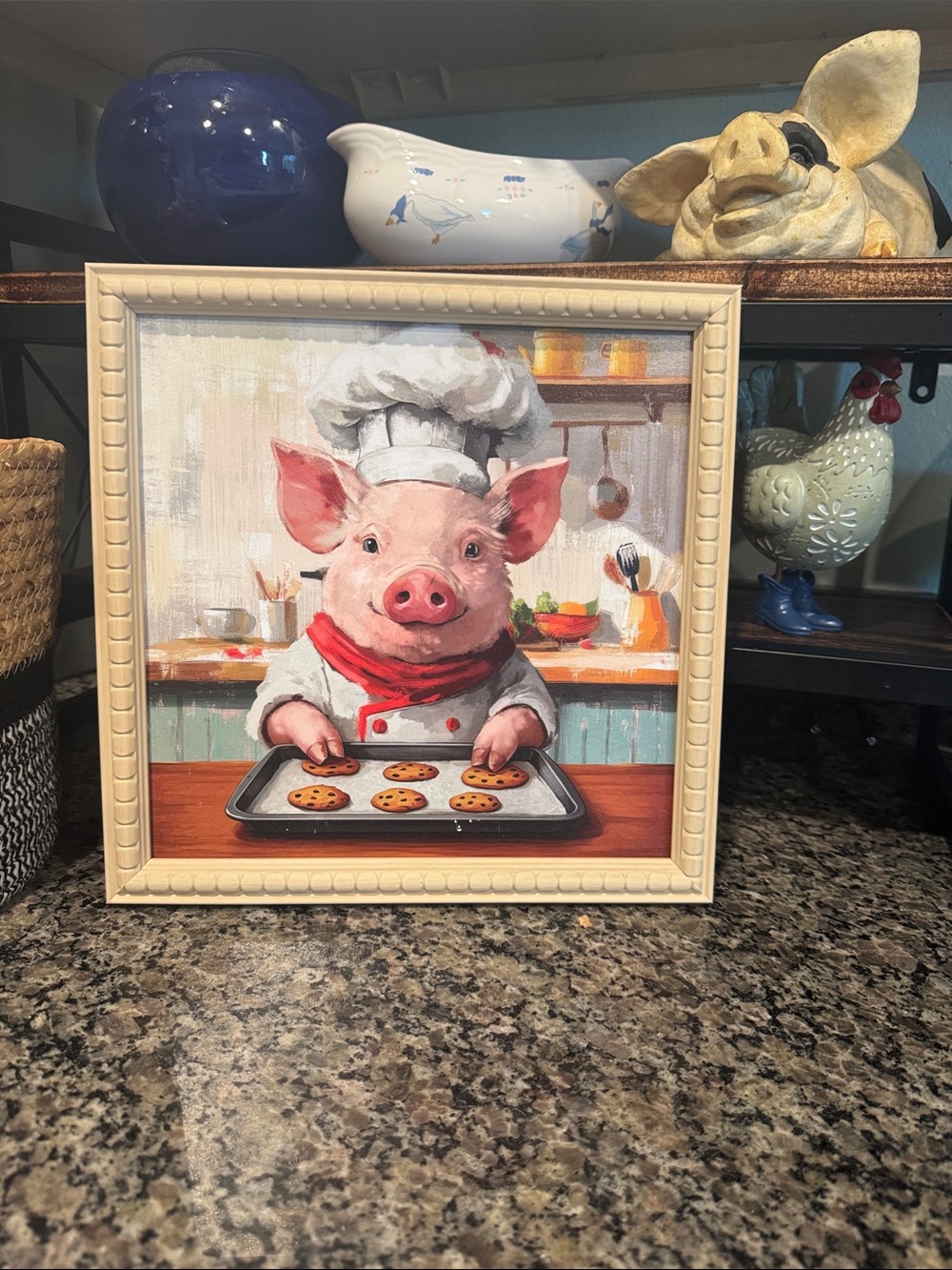 Pink Pig Chef Canvas Art with Cream Frame